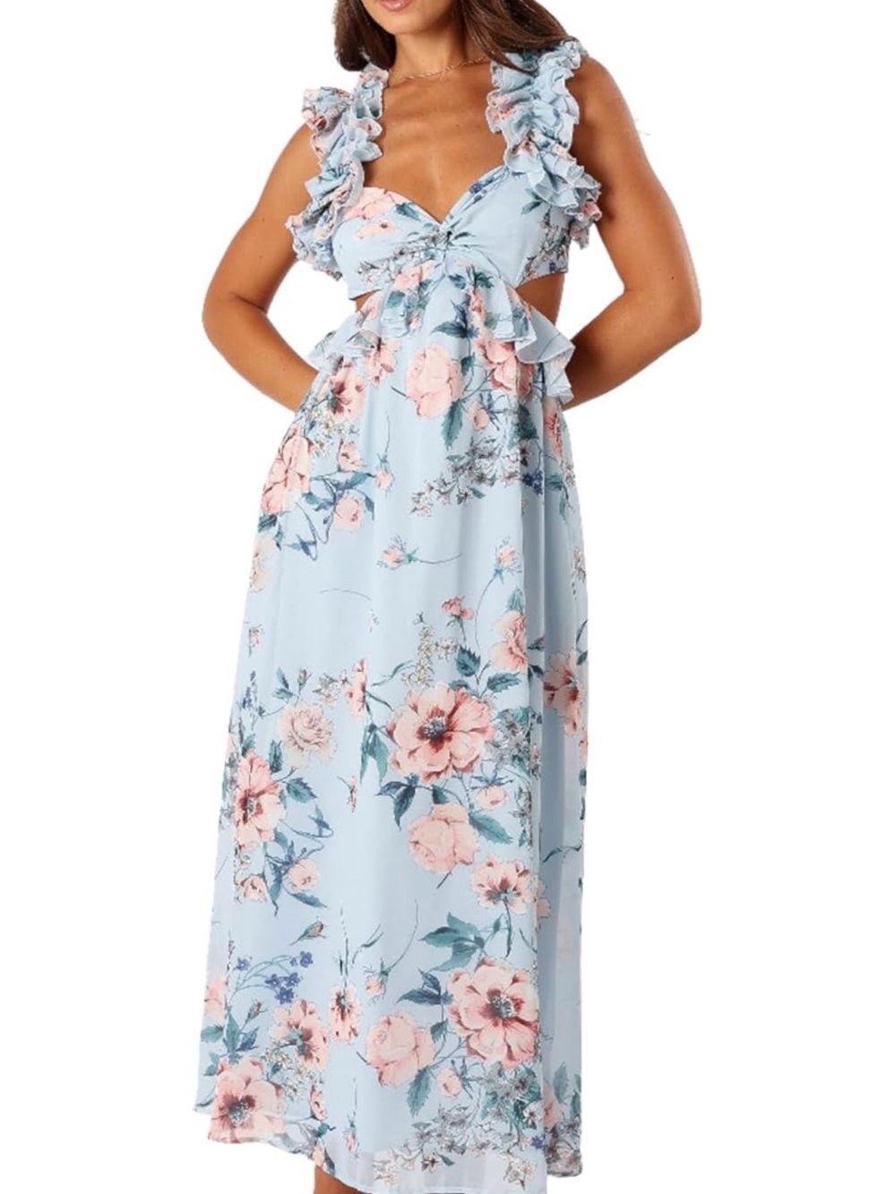 Petal & Pup Sky Blue Floral Ruffle Maxi Dress